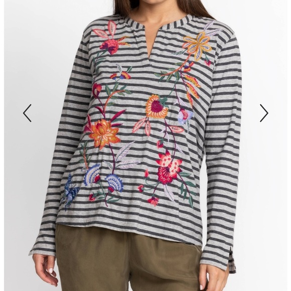 Johnny Was Sandra Split Jersey Striped Embroidered Long Sleeve Tee Small - Picture 2 of 13